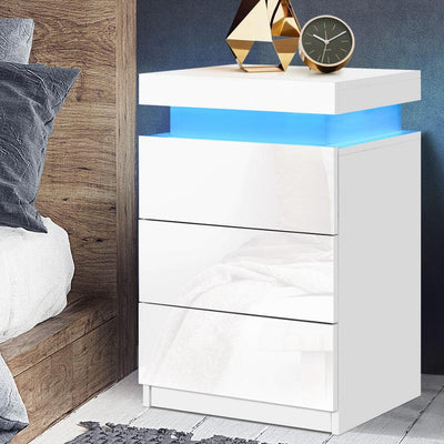 Artiss Bedside Tables Side Table 3 Drawers RGB LED High Gloss Nightstand White Payday Deals