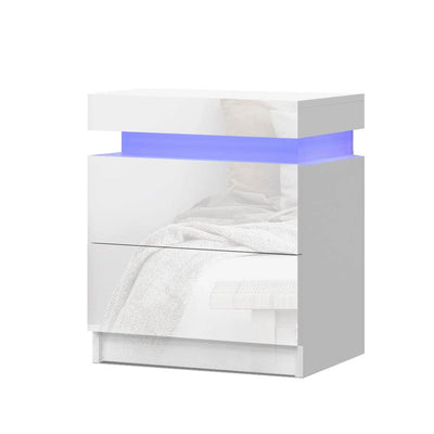 Artiss Bedside Tables Side Table Drawers RGB LED High Gloss Nightstand White