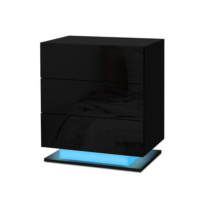 Artiss Bedside Tables Side Table RGB LED Lamp 3 Drawers Nightstand Gloss Black Payday Deals