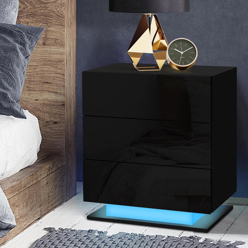 Artiss Bedside Tables Side Table RGB LED Lamp 2 Drawers Nightstand Gloss Black