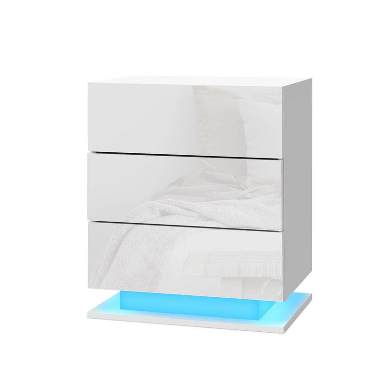 Artiss Bedside Tables Side Table RGB LED Lamp 3 Drawers Nightstand Gloss White Payday Deals