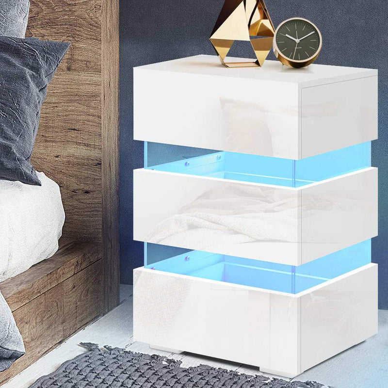 Artiss Bedside Tables Side Table RGB LED Lamp 3 Drawers Nightstand Gloss White Payday Deals