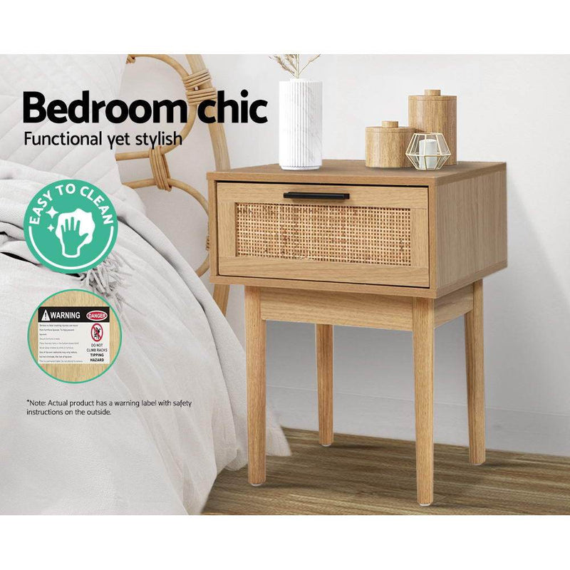 Artiss Bedside Tables Table 1 Drawer Storage Cabinet Rattan Wood Nightstand Payday Deals