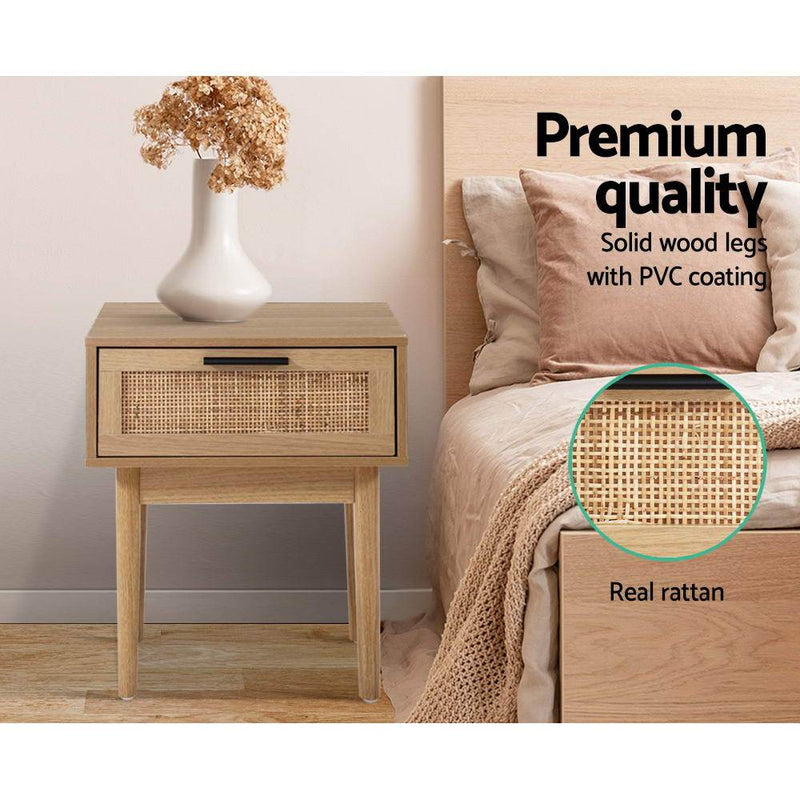 Artiss Bedside Tables Table 1 Drawer Storage Cabinet Rattan Wood Nightstand Payday Deals