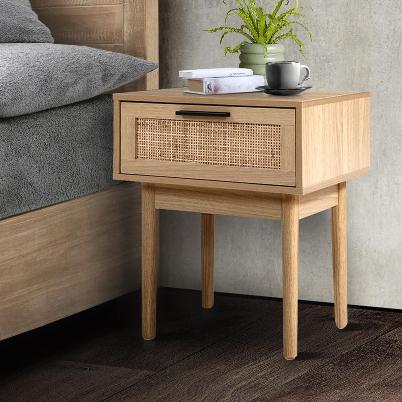 Artiss Bedside Tables Table 1 Drawer Storage Cabinet Rattan Wood Nightstand Payday Deals