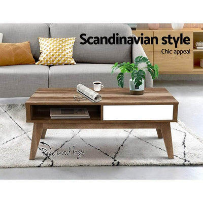 Artiss Coffee Table 2 Storage Drawers Open Shelf Scandinavian Wooden White Payday Deals