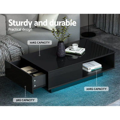 Artiss Coffee Table LED Lights High Gloss Storage Drawer Modern Furniture Black Payday Deals