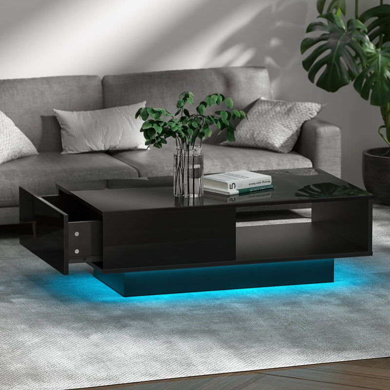 Artiss Coffee Table LED Lights High Gloss Storage Drawer Modern Furniture Black Payday Deals