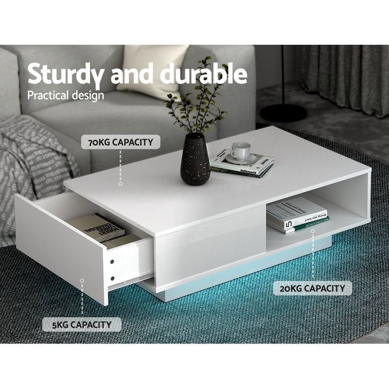 Artiss Coffee Table LED Lights High Gloss Storage Drawer Modern Furniture White Payday Deals