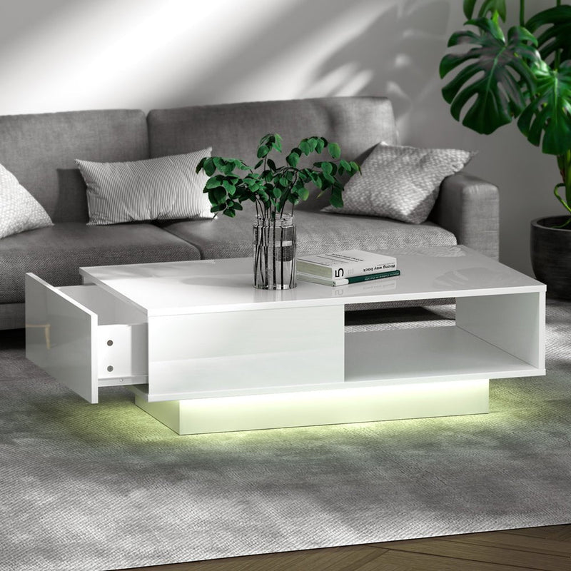 Artiss Coffee Table LED Lights High Gloss Storage Drawer Modern Furniture White Payday Deals