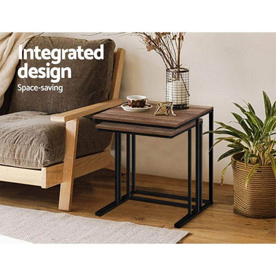 Artiss Coffee Table Nesting Side Tables Wooden Rustic Vintage Metal Frame Payday Deals