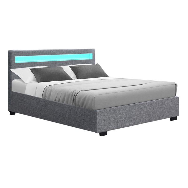 Artiss Cole LED Bed Frame Fabric Gas Lift Storage - Grey Double Payday Deals
