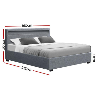 Artiss Cole LED Bed Frame Fabric Gas Lift Storage - Grey Queen Payday Deals