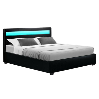 Artiss Cole LED Bed Frame PU Leather Gas Lift Storage - Black Queen Payday Deals