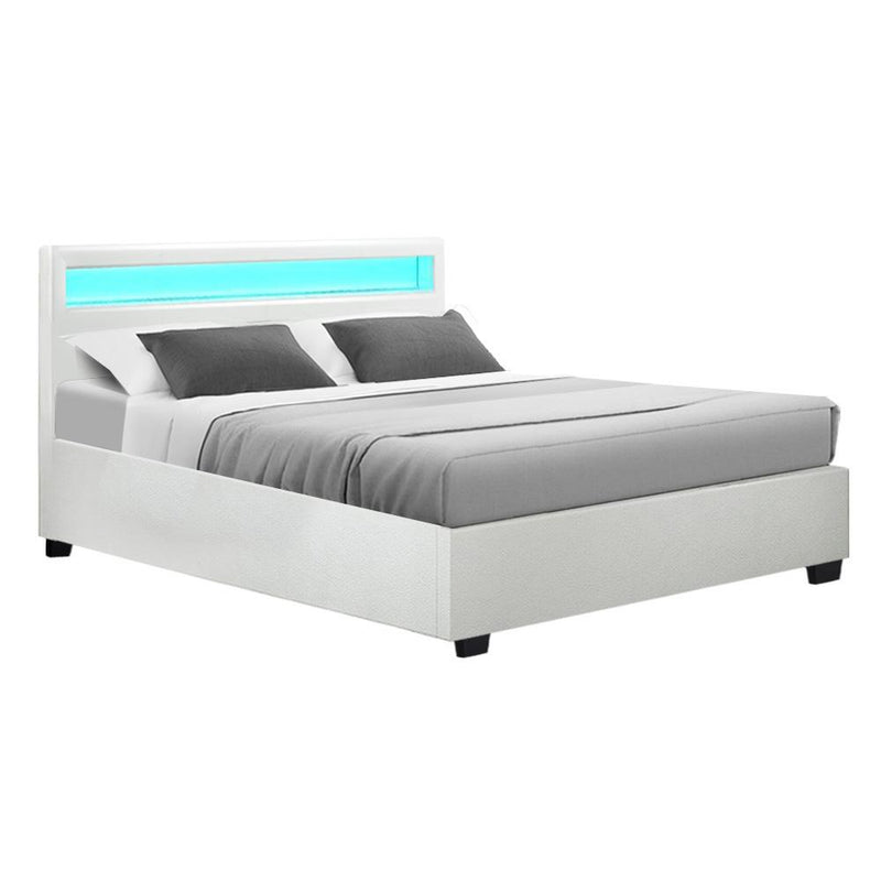 Artiss Cole LED Bed Frame PU Leather Gas Lift Storage - White Queen Payday Deals