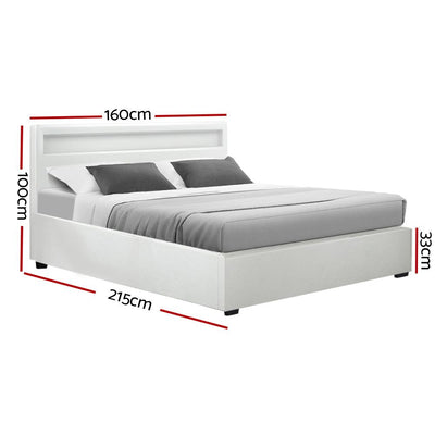 Artiss Cole LED Bed Frame PU Leather Gas Lift Storage - White Queen Payday Deals