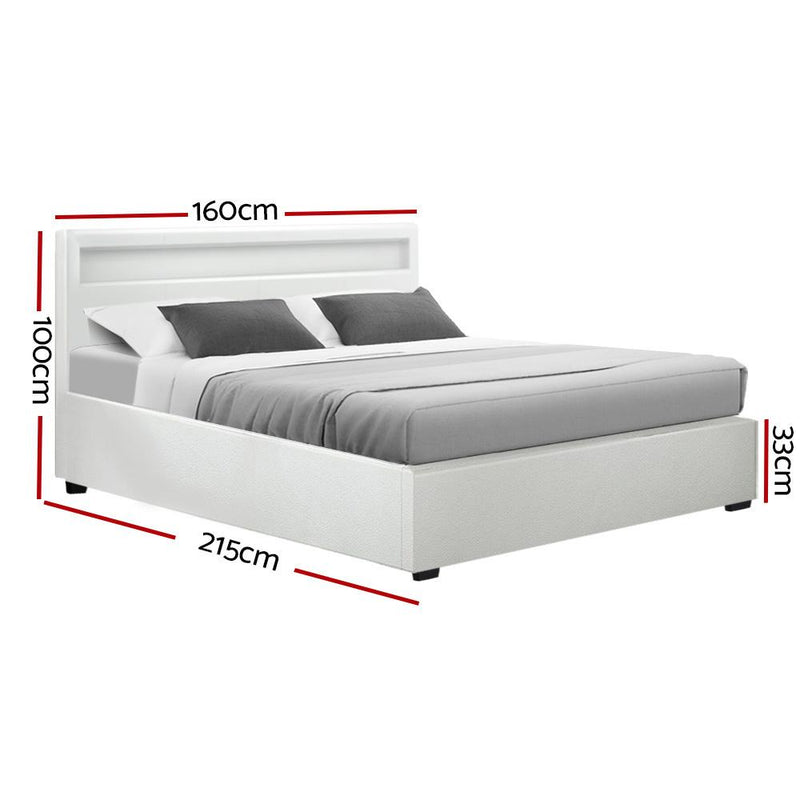 Artiss Cole LED Bed Frame PU Leather Gas Lift Storage - White Queen Payday Deals