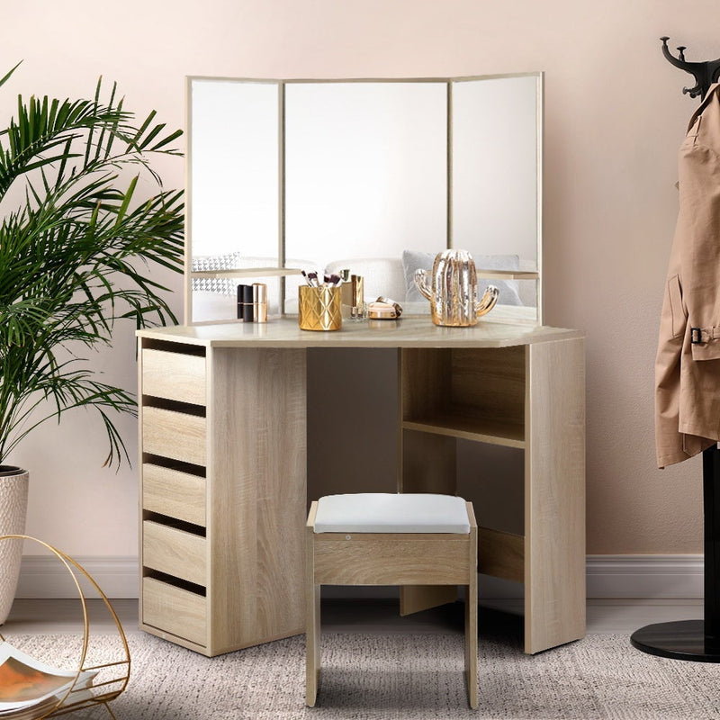 Artiss Corner Dressing Table Mirror Stool Set Makeup Vanity Desk Chair Oak Payday Deals