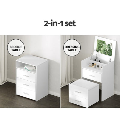 Artiss Dressing Table Bedside Tables 2-in-1 Set Hidden Makeup Mirror Storage Drawers Payday Deals