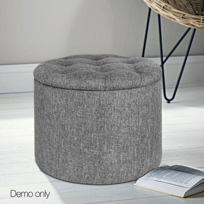 Artiss Fabric Round Storage Ottoman - Grey