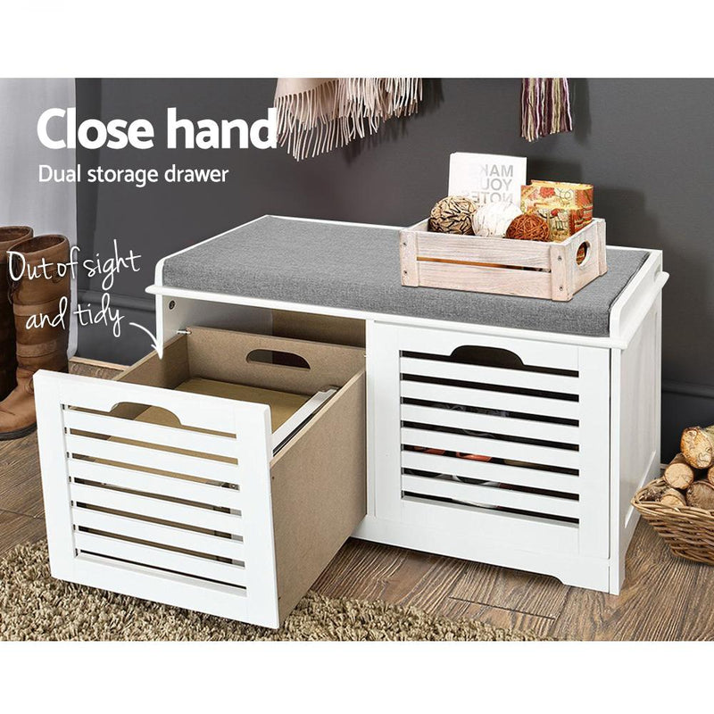 Artiss Fabric Shoe Bench with Drawers - White & Grey Payday Deals