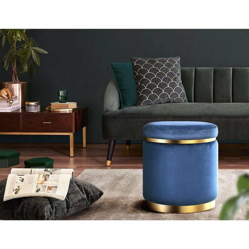 Artiss Foot Stool Round Velvet Ottoman Foot Rest Pouf Padded Seat Footstool Navy Payday Deals