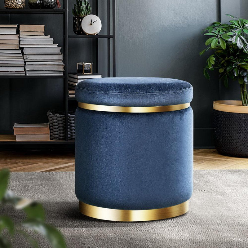 Artiss Foot Stool Round Velvet Ottoman Foot Rest Pouf Padded Seat Footstool Navy Payday Deals