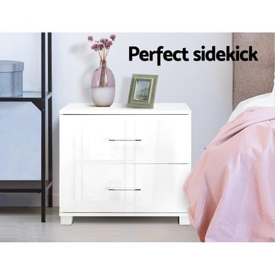 Artiss High Gloss Two Drawers Bedside Table - White Payday Deals