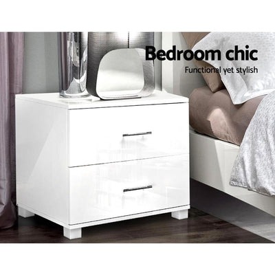 Artiss High Gloss Two Drawers Bedside Table - White Payday Deals