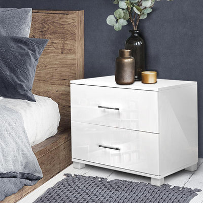 Artiss High Gloss Two Drawers Bedside Table - White Payday Deals