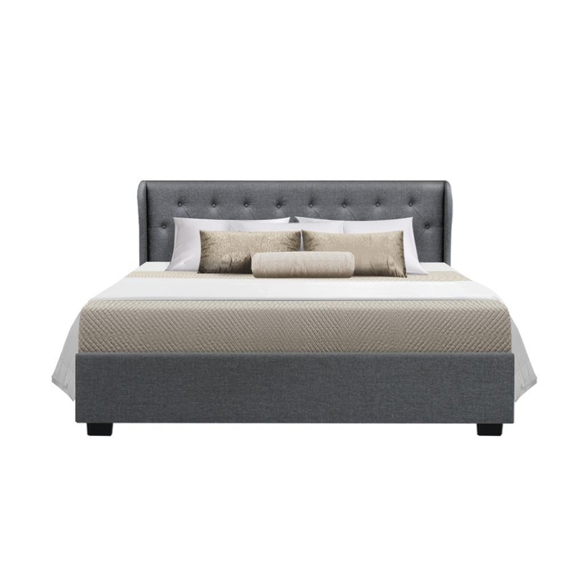 Artiss Issa Bed Frame Fabric Gas Lift Storage - Grey Queen Payday Deals