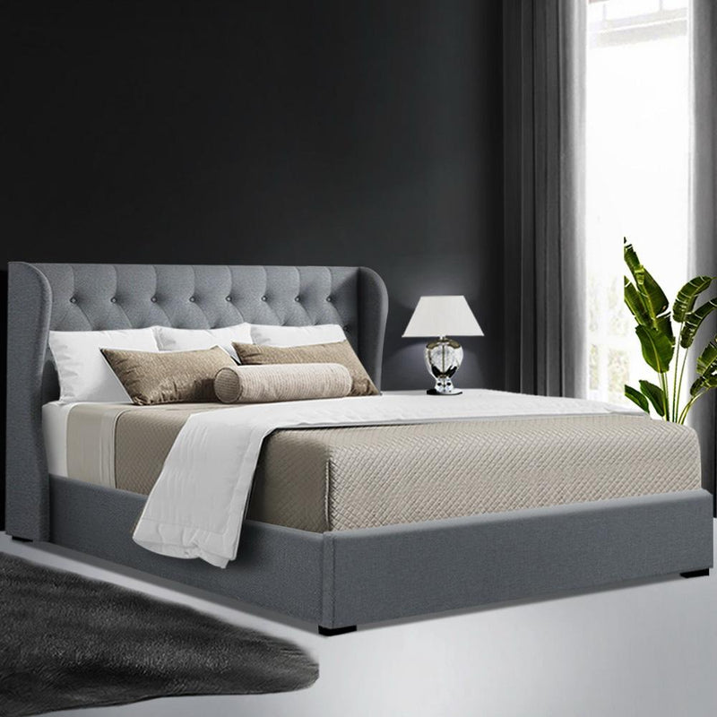 Artiss Issa Bed Frame Fabric Gas Lift Storage - Grey Queen Payday Deals