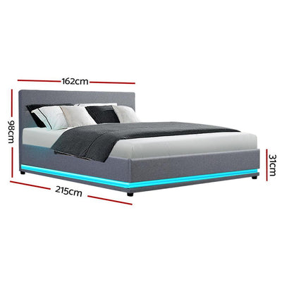 Artiss Lumi LED Bed Frame Fabric Gas Lift Storage - Grey Queen Payday Deals