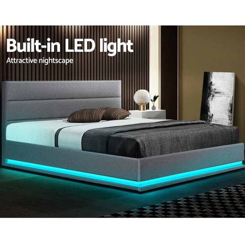 Artiss Lumi LED Bed Frame Fabric Gas Lift Storage - Grey Queen Payday Deals