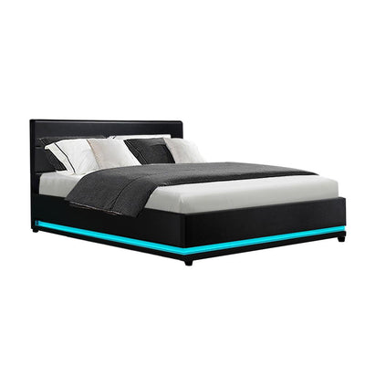 Artiss Lumi LED Bed Frame PU Leather Gas Lift Storage - Black Double Payday Deals