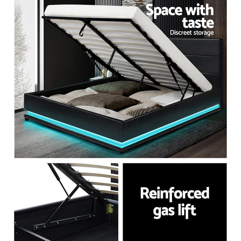 Artiss Lumi LED Bed Frame PU Leather Gas Lift Storage - Black Double Payday Deals