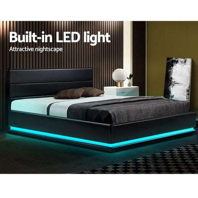 Artiss Lumi LED Bed Frame PU Leather Gas Lift Storage - Black Double Payday Deals