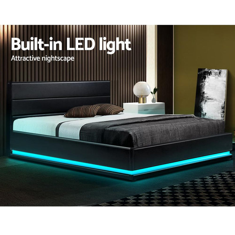 Artiss Lumi LED Bed Frame PU Leather Gas Lift Storage - Black Double Payday Deals