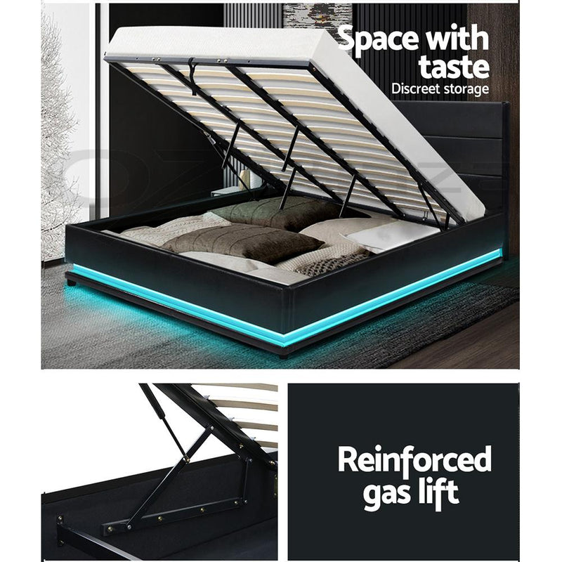 Artiss Lumi LED Bed Frame PU Leather Gas Lift Storage - Black King Payday Deals