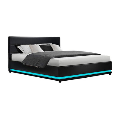 Artiss Lumi LED Bed Frame PU Leather Gas Lift Storage - Black Queen Payday Deals