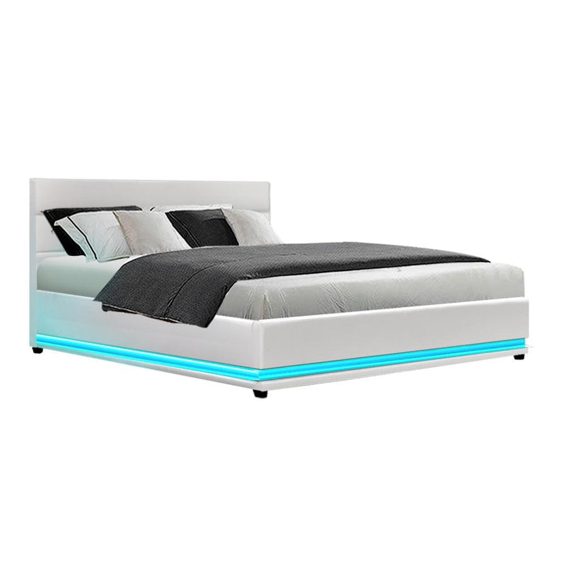 Artiss Lumi LED Bed Frame PU Leather Gas Lift Storage - White Queen Payday Deals