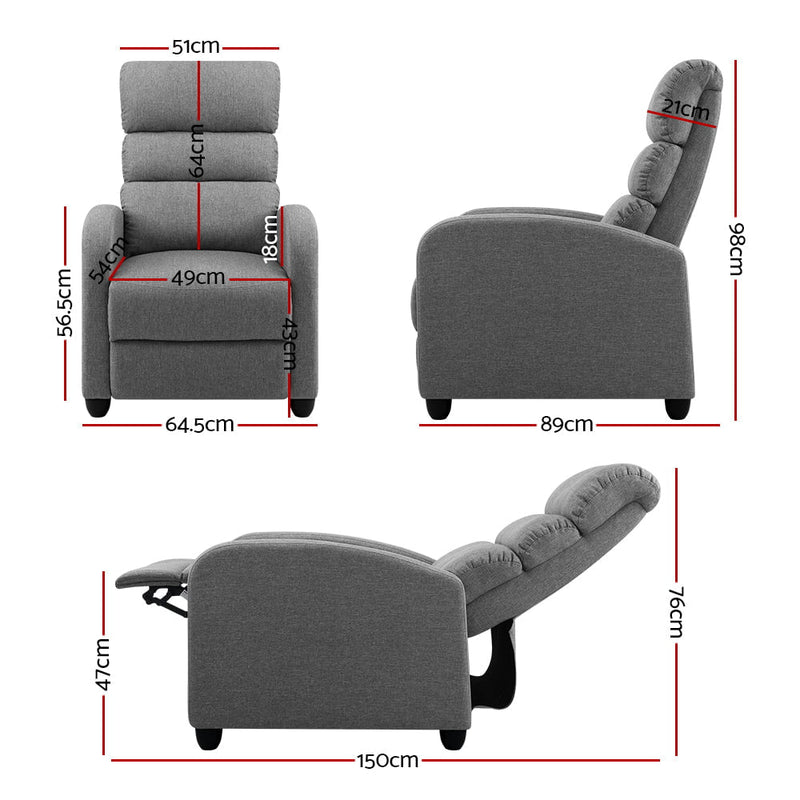 Artiss Luxury Recliner Chair Chairs Lounge Armchair Sofa Fabric Cover Grey Payday Deals