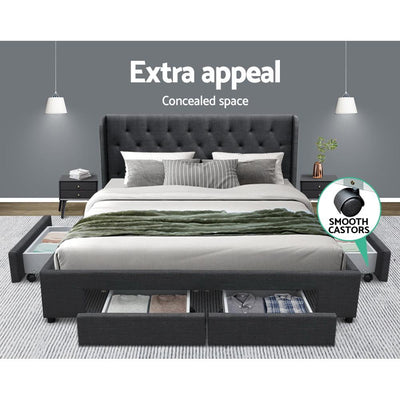 Artiss Mila Bed Frame Storage Drawers Fabric - Charcoal King Payday Deals