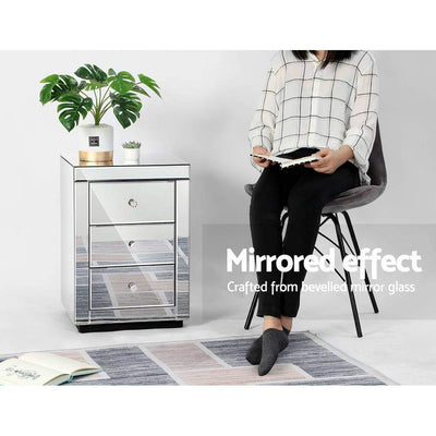 Artiss Mirrored Bedside Table Drawers Furniture Mirror Glass Presia Silver Payday Deals