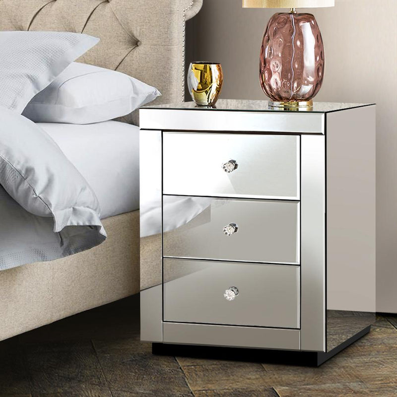 Artiss Mirrored Bedside Table Drawers Furniture Mirror Glass Presia Silver Payday Deals