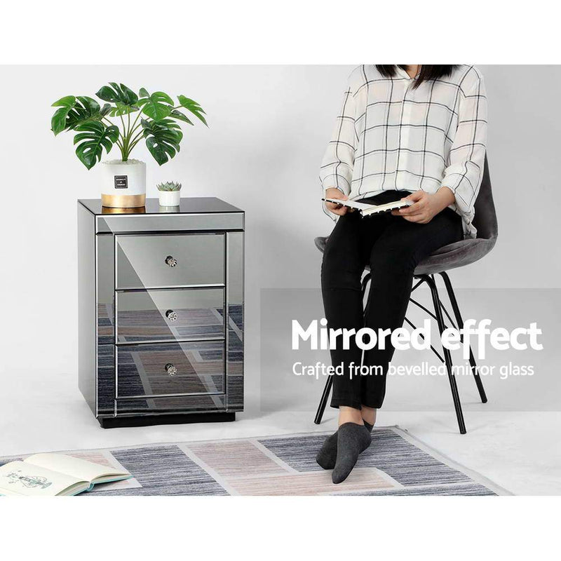 Artiss Mirrored Bedside table Drawers Furniture Mirror Glass Presia Smoky Grey Payday Deals