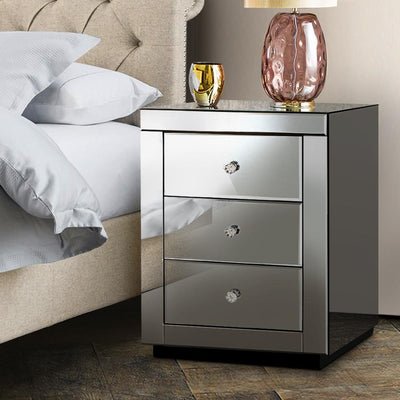 Artiss Mirrored Bedside table Drawers Furniture Mirror Glass Presia Smoky Grey Payday Deals