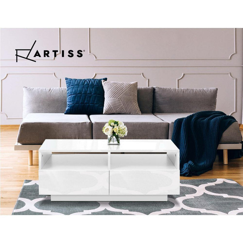 Artiss Modern Coffee Table 4 Storage Drawers High Gloss Wooden Shelf White