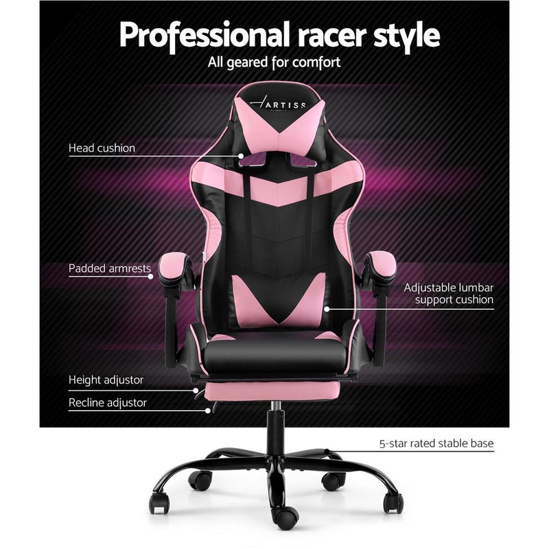 Artiss Office Chair Gaming Chair Computer Chairs Recliner PU Leather Seat Armrest Footrest Black Pink Payday Deals