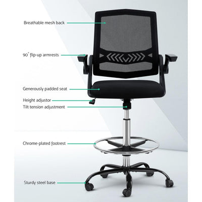 Artiss Office Chair Veer Drafting Stool Mesh Chairs Flip Up Armrest Black Payday Deals